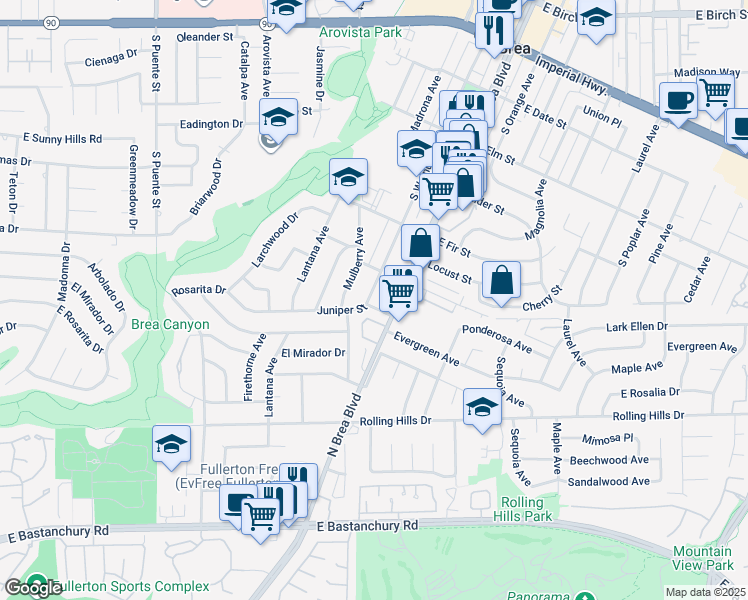 map of restaurants, bars, coffee shops, grocery stores, and more near 824 South Walnut Avenue in Brea