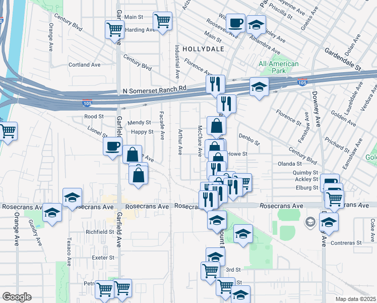 map of restaurants, bars, coffee shops, grocery stores, and more near 7835 Howe Street in Paramount