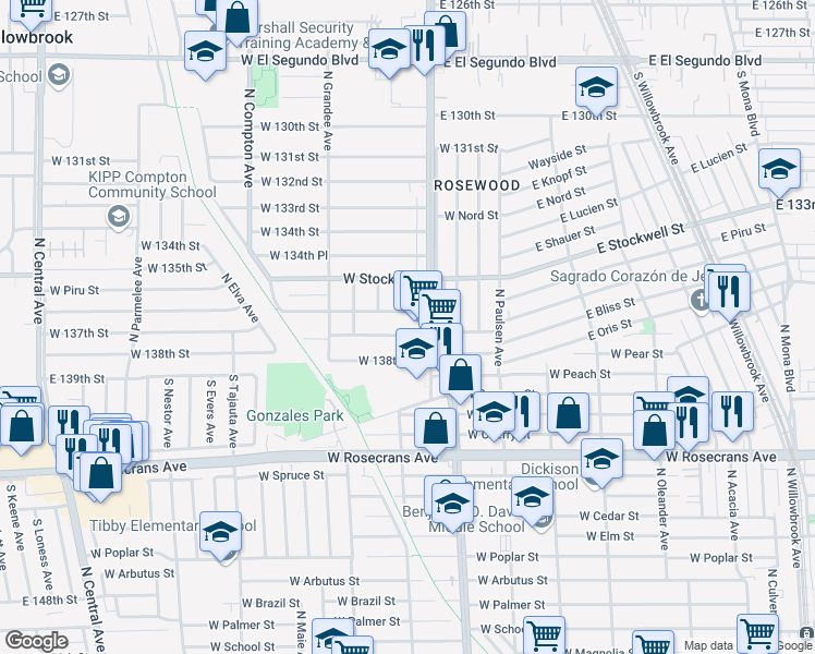 map of restaurants, bars, coffee shops, grocery stores, and more near 825 West 137th Street in Compton