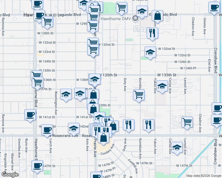 map of restaurants, bars, coffee shops, grocery stores, and more near 13620 Cordary Avenue in Hawthorne