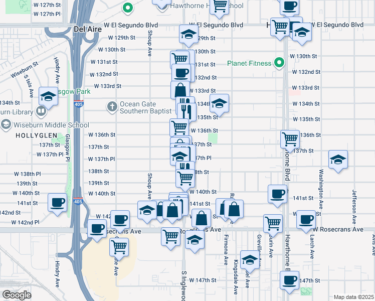 map of restaurants, bars, coffee shops, grocery stores, and more near in Hawthorne