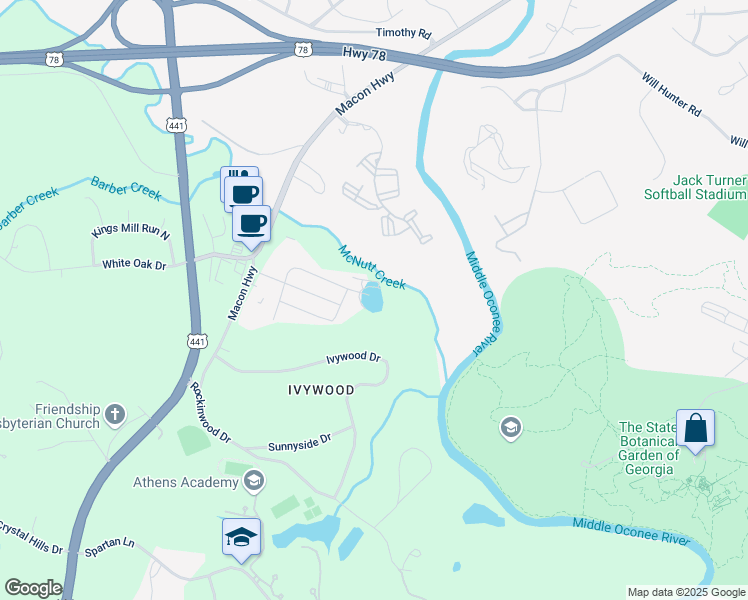 map of restaurants, bars, coffee shops, grocery stores, and more near 1191 Ivywood Drive in Athens