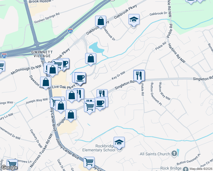 map of restaurants, bars, coffee shops, grocery stores, and more near 5952 Kay Drive Northwest in Norcross