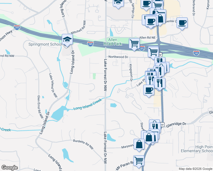 map of restaurants, bars, coffee shops, grocery stores, and more near 5575 Lake Forrest Drive in Sandy Springs