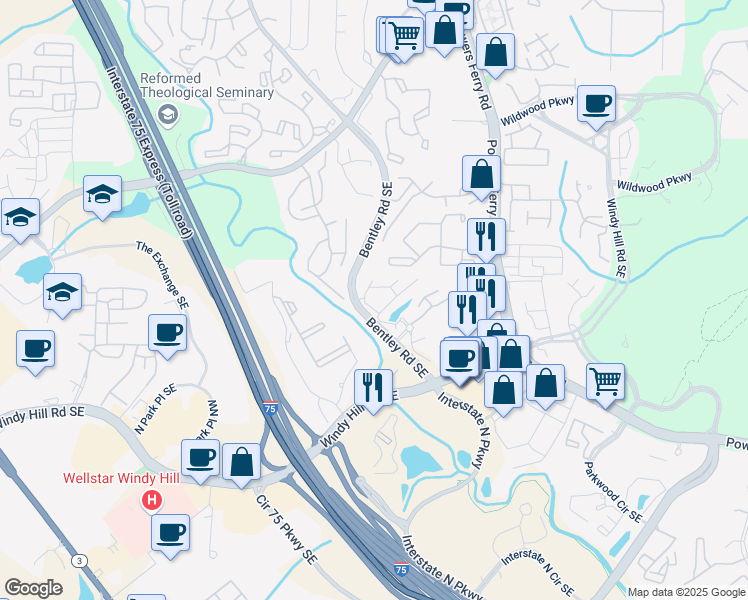map of restaurants, bars, coffee shops, grocery stores, and more near 1901 Kimberly Village Lane in Marietta