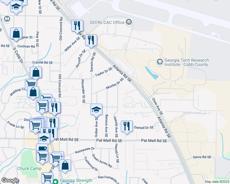 map of restaurants, bars, coffee shops, grocery stores, and more near 1860 Harold Avenue Southeast in Smyrna