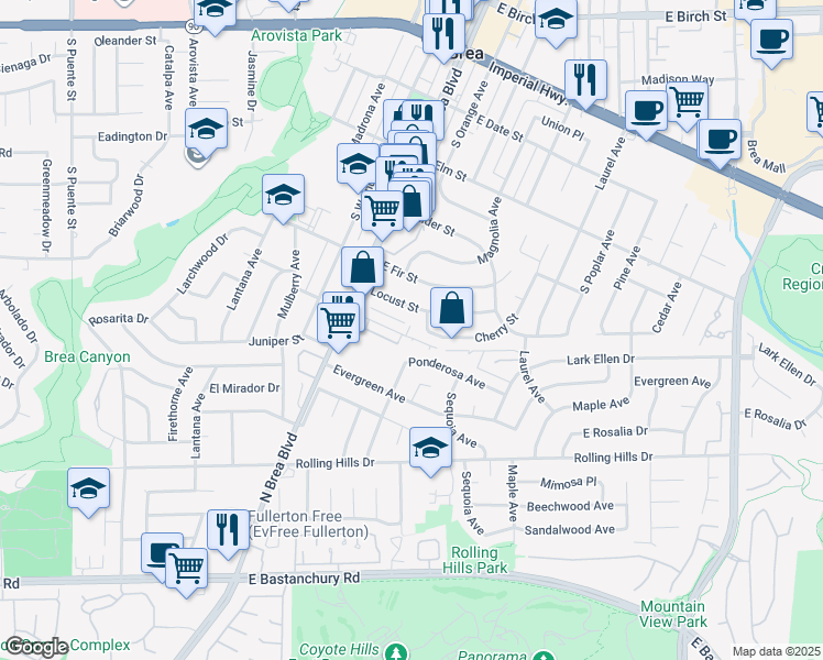 map of restaurants, bars, coffee shops, grocery stores, and more near 217 East Acacia Street in Brea