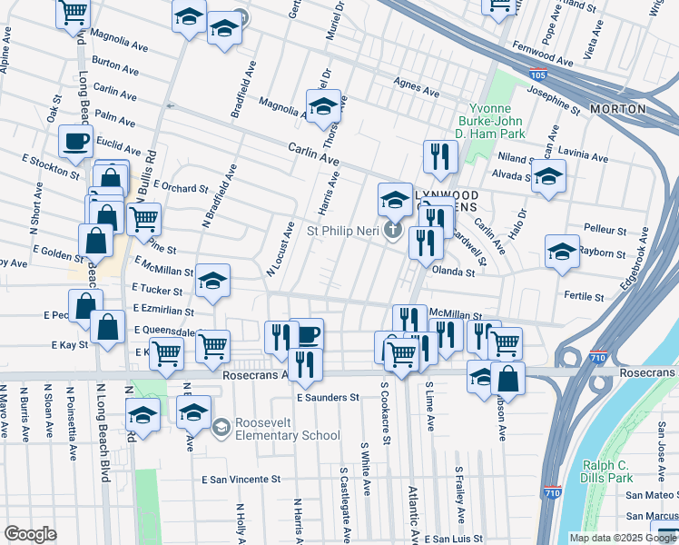map of restaurants, bars, coffee shops, grocery stores, and more near 12712 Waldorf Drive in Lynwood