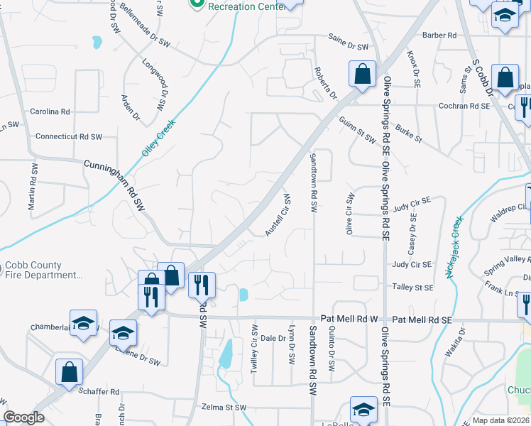 map of restaurants, bars, coffee shops, grocery stores, and more near 1877 Austell Road Southwest in Marietta