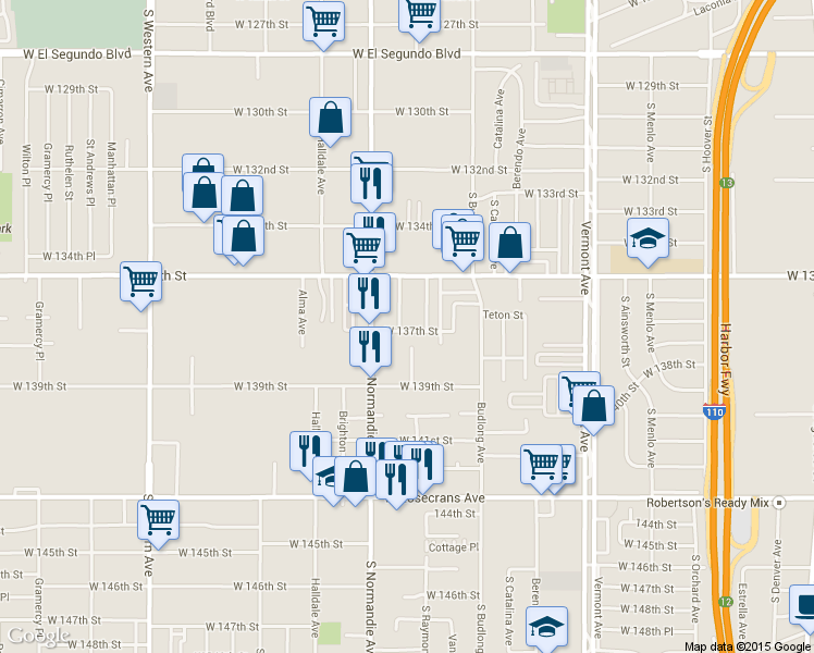 map of restaurants, bars, coffee shops, grocery stores, and more near 13628 Mariposa Avenue in Gardena