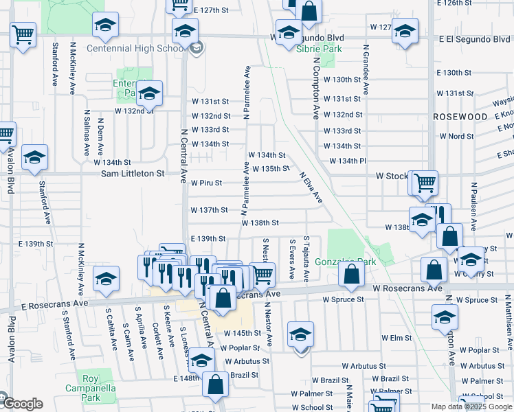 map of restaurants, bars, coffee shops, grocery stores, and more near 1505 West 137th Street in Compton