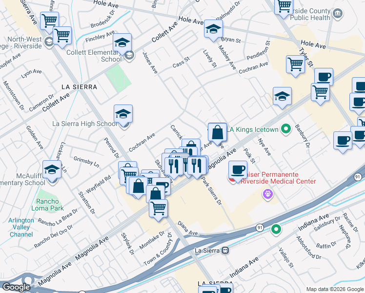 map of restaurants, bars, coffee shops, grocery stores, and more near 3910 Carrick Street in Riverside