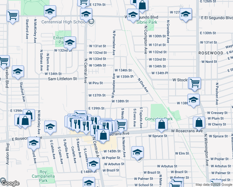 map of restaurants, bars, coffee shops, grocery stores, and more near 1513 West 137th Street in Compton