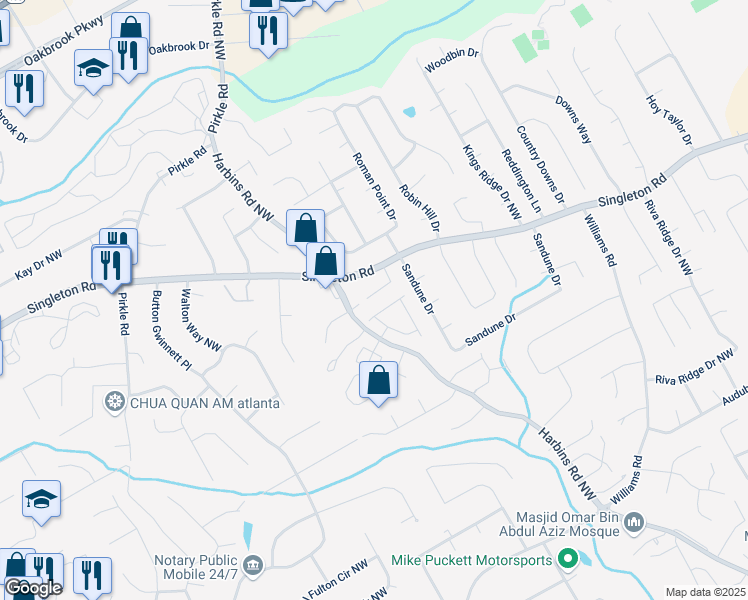 map of restaurants, bars, coffee shops, grocery stores, and more near 956 6 Oaks Circle in Norcross