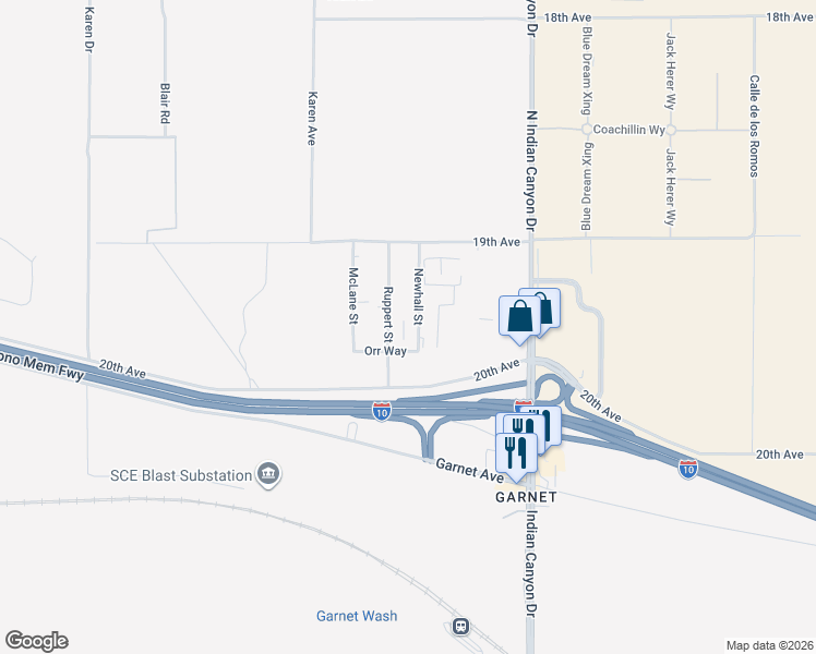 map of restaurants, bars, coffee shops, grocery stores, and more near 19391 Newhall Street in Palm Springs