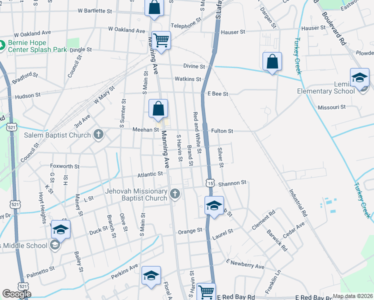 map of restaurants, bars, coffee shops, grocery stores, and more near 201 Brand Street in Sumter