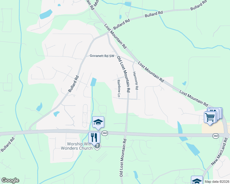 map of restaurants, bars, coffee shops, grocery stores, and more near 4649 Melody Court in Powder Springs