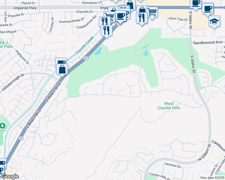 map of restaurants, bars, coffee shops, grocery stores, and more near 2060 South Littler Court in La Habra