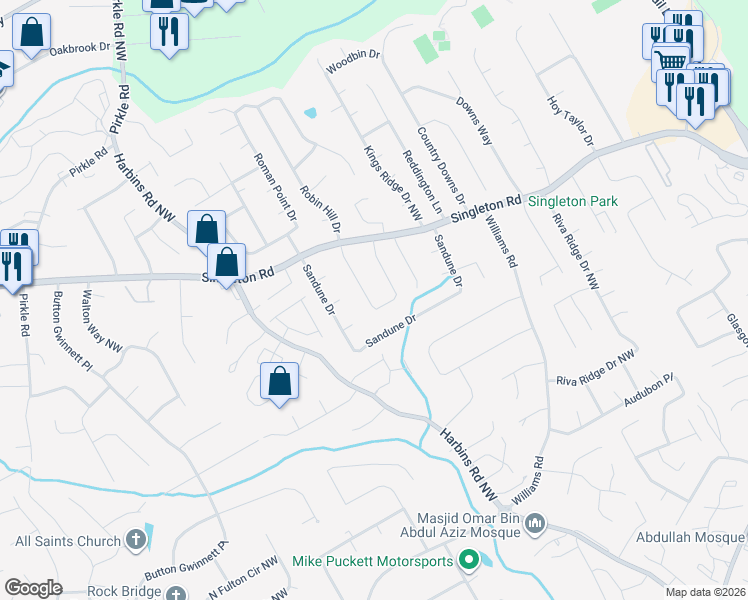 map of restaurants, bars, coffee shops, grocery stores, and more near 1144 Singleton Valley Cir in Norcross