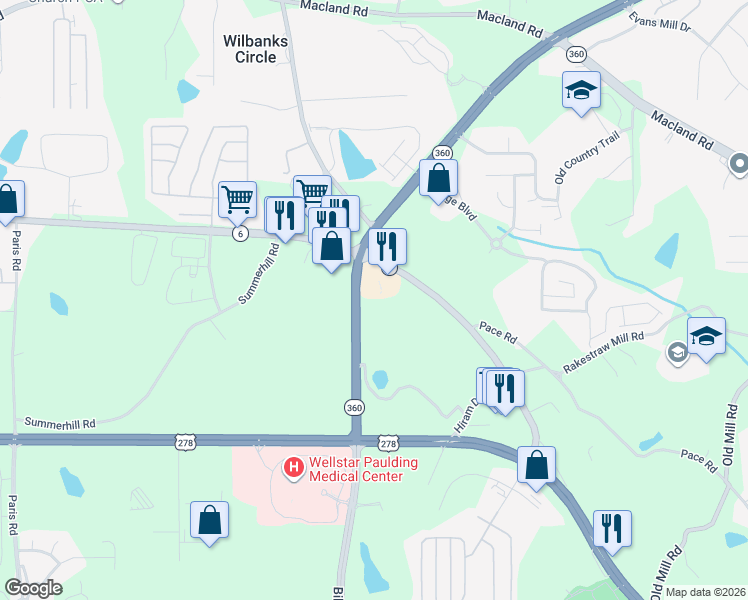 map of restaurants, bars, coffee shops, grocery stores, and more near 342 Marietta Highway in Dallas