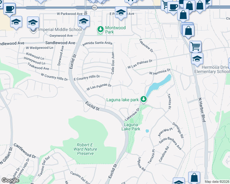 map of restaurants, bars, coffee shops, grocery stores, and more near 3116 La Sombra Way in Fullerton