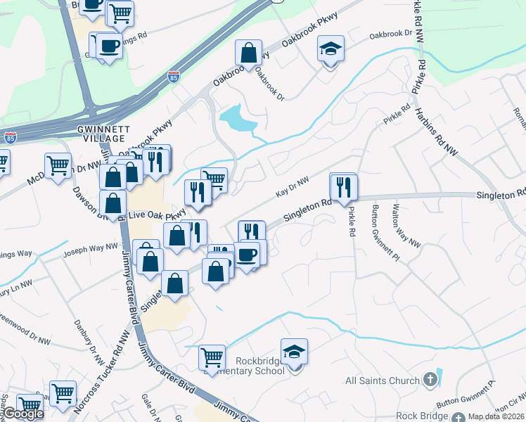 map of restaurants, bars, coffee shops, grocery stores, and more near 5952 Kay Drive Northwest in Norcross