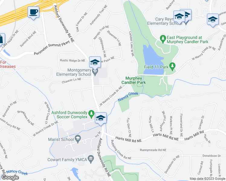 map of restaurants, bars, coffee shops, grocery stores, and more near 3912 Edenton Court Northeast in Atlanta