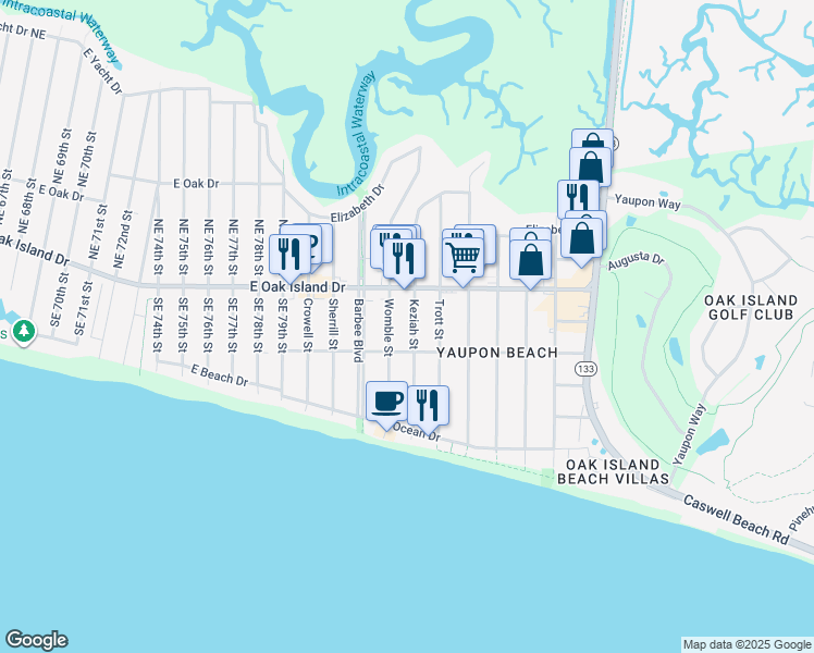map of restaurants, bars, coffee shops, grocery stores, and more near 307 Keziah Street in Oak Island