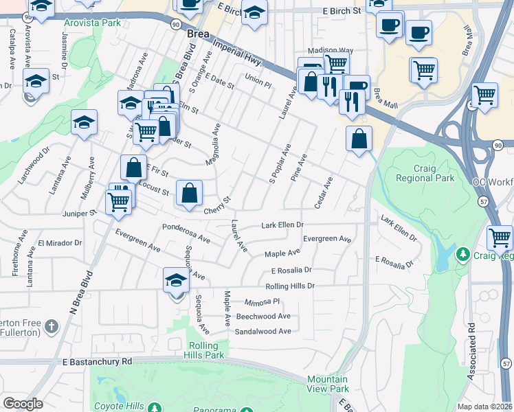 map of restaurants, bars, coffee shops, grocery stores, and more near 825 East Alder Street in Brea