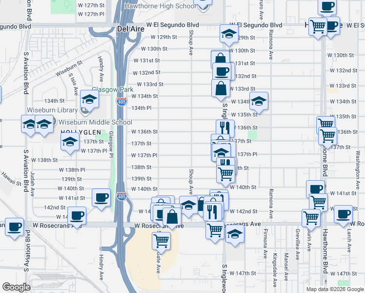 map of restaurants, bars, coffee shops, grocery stores, and more near 4922 137th Street in Hawthorne