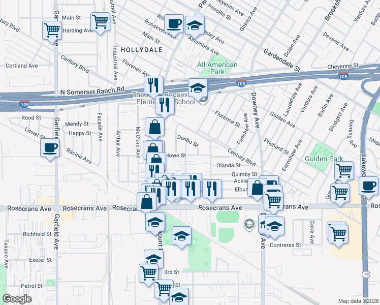 map of restaurants, bars, coffee shops, grocery stores, and more near 13931 Orizaba Avenue in Paramount