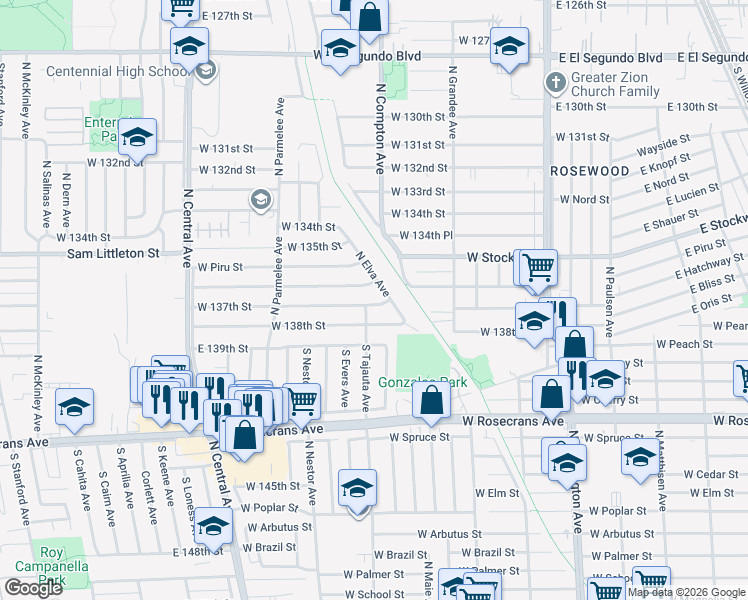 map of restaurants, bars, coffee shops, grocery stores, and more near 1105 West 137th Street in Compton