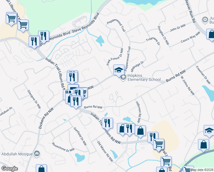 map of restaurants, bars, coffee shops, grocery stores, and more near 4837 Cochise Court Northwest in Lilburn