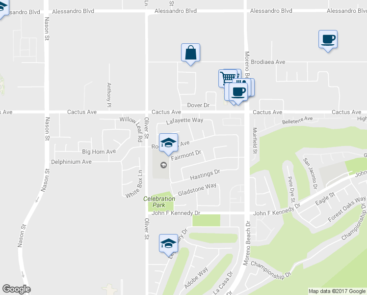 map of restaurants, bars, coffee shops, grocery stores, and more near 27685 Rockwood Avenue in Moreno Valley