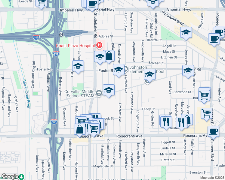 map of restaurants, bars, coffee shops, grocery stores, and more near 13533 Dalwood Avenue in Norwalk