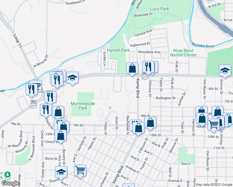 map of restaurants, bars, coffee shops, grocery stores, and more near 532 West Inwood Drive in Wichita Falls