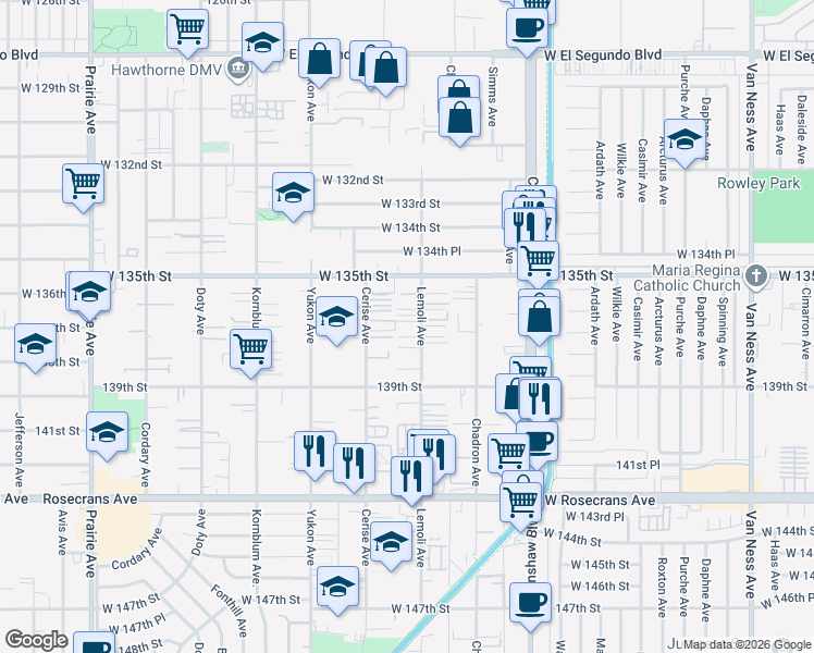 map of restaurants, bars, coffee shops, grocery stores, and more near 13622 1/2 Cerise Avenue in Hawthorne