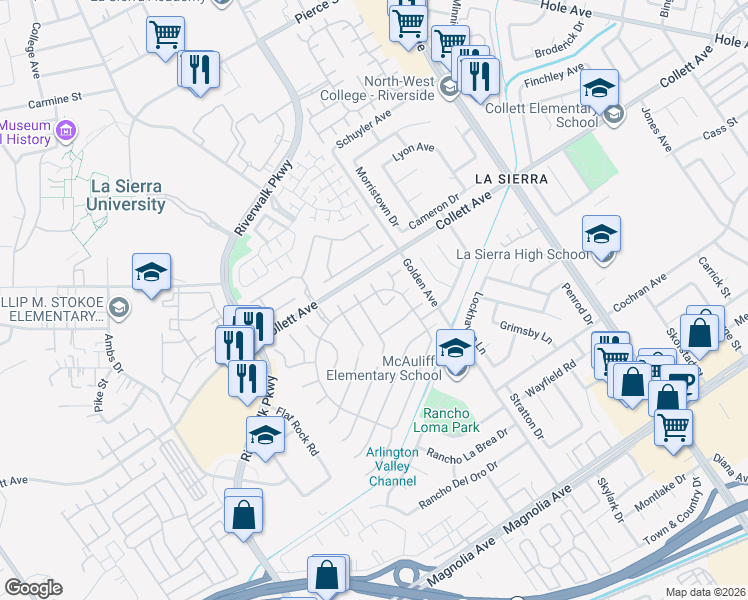 map of restaurants, bars, coffee shops, grocery stores, and more near 4280 Riverfield Court in Riverside