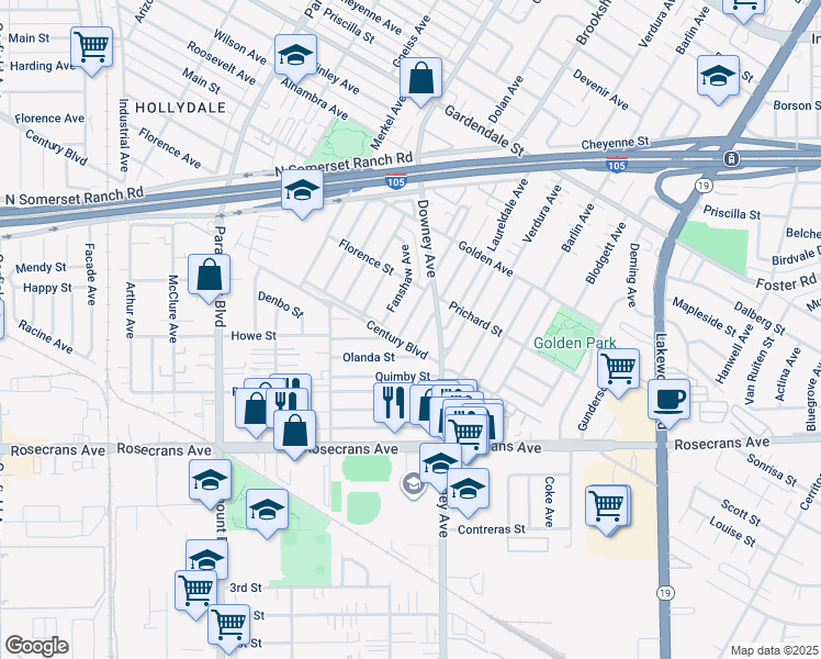 map of restaurants, bars, coffee shops, grocery stores, and more near 13638 Bixler Avenue in Downey