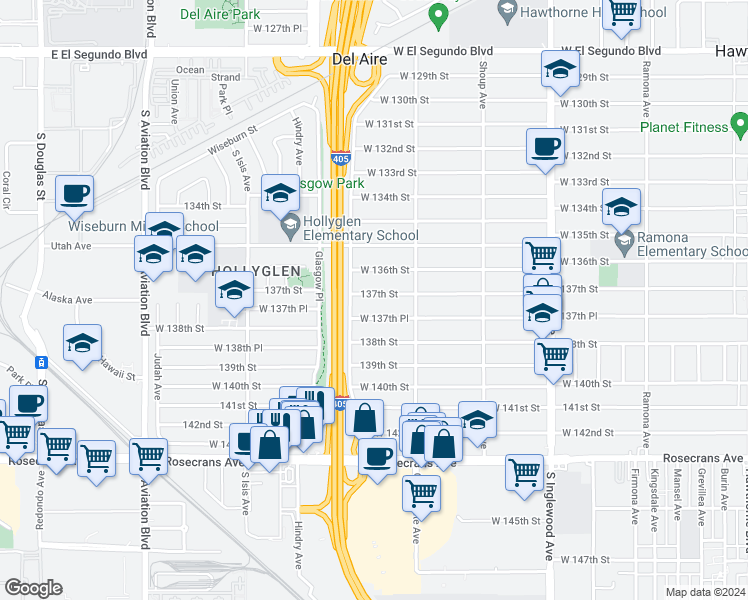 map of restaurants, bars, coffee shops, grocery stores, and more near 5152 137th Street in Hawthorne