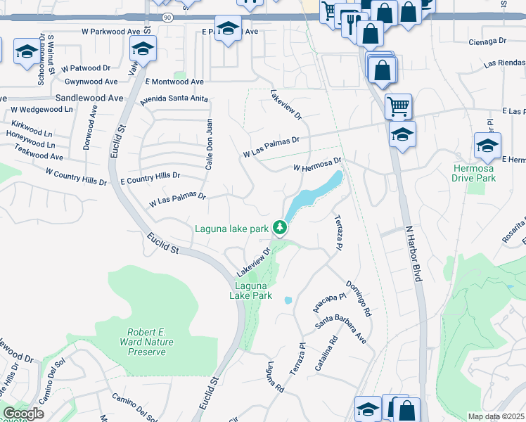 map of restaurants, bars, coffee shops, grocery stores, and more near 813 Ride Out Way in Fullerton