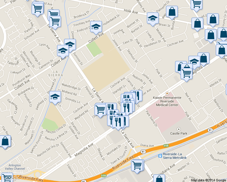 map of restaurants, bars, coffee shops, grocery stores, and more near 3975 Skofstad Street in Riverside