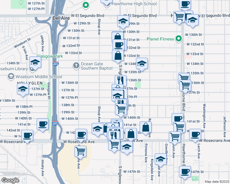 map of restaurants, bars, coffee shops, grocery stores, and more near 4816 137th Street in Hawthorne