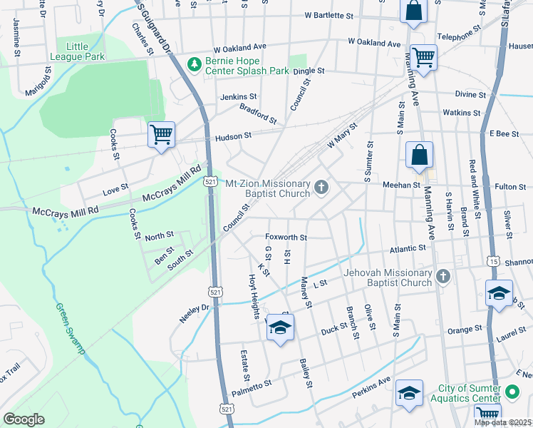 map of restaurants, bars, coffee shops, grocery stores, and more near 247 West Williams Street in Sumter