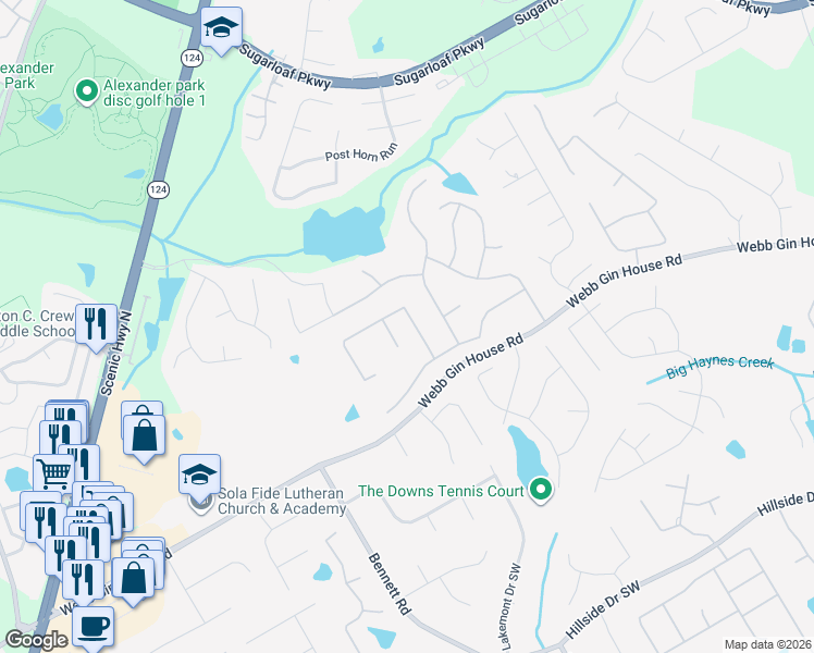 map of restaurants, bars, coffee shops, grocery stores, and more near 1741 Heatherglade Lane in Lawrenceville