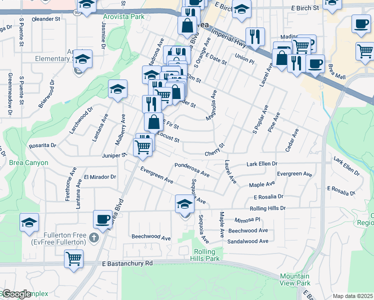 map of restaurants, bars, coffee shops, grocery stores, and more near 319 Cherry Street in Brea