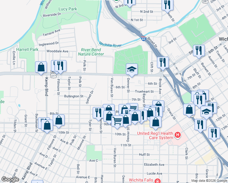 map of restaurants, bars, coffee shops, grocery stores, and more near 1917 6th Street in Wichita Falls