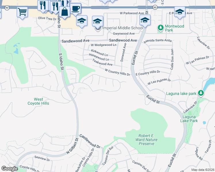 map of restaurants, bars, coffee shops, grocery stores, and more near 3000 South Sawgrass Court in La Habra