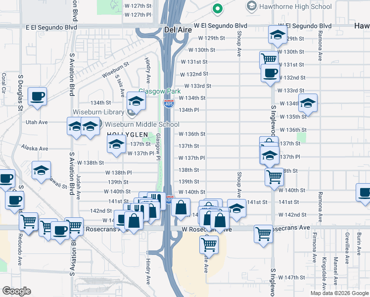map of restaurants, bars, coffee shops, grocery stores, and more near 5152 137th Street in Hawthorne