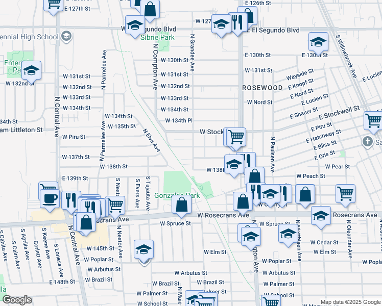 map of restaurants, bars, coffee shops, grocery stores, and more near 1613 Grandee Avenue in Compton
